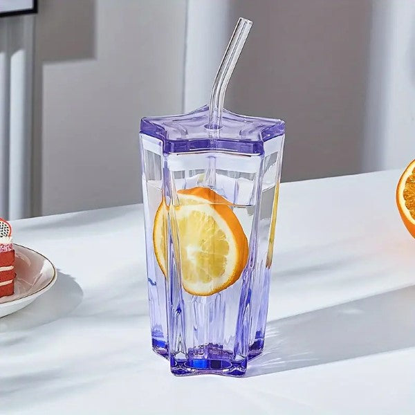 Chic 10oz Star-Shaped Glass Tumbler with Straw & Lid